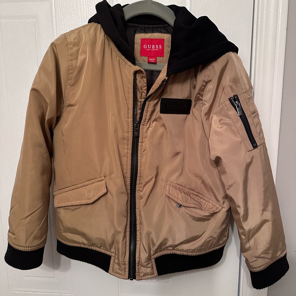 Guess Tan and Black Puffer Jacket with Sporty Silhouette